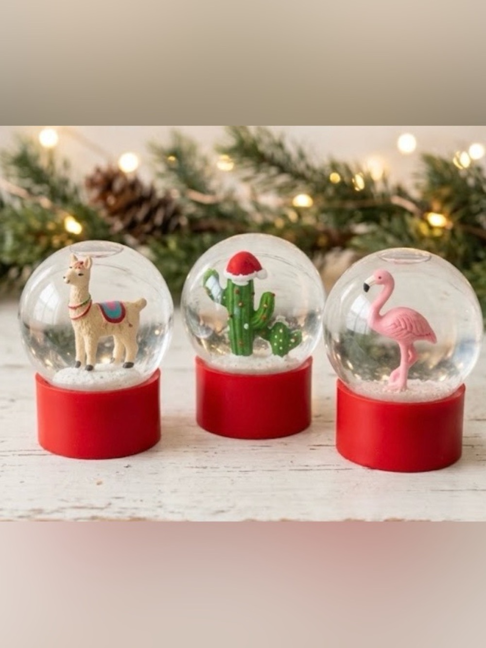 Set Of 3 Mini Christmas Snow Globes Llama Cactus Flamingo Holiday Decor NWT